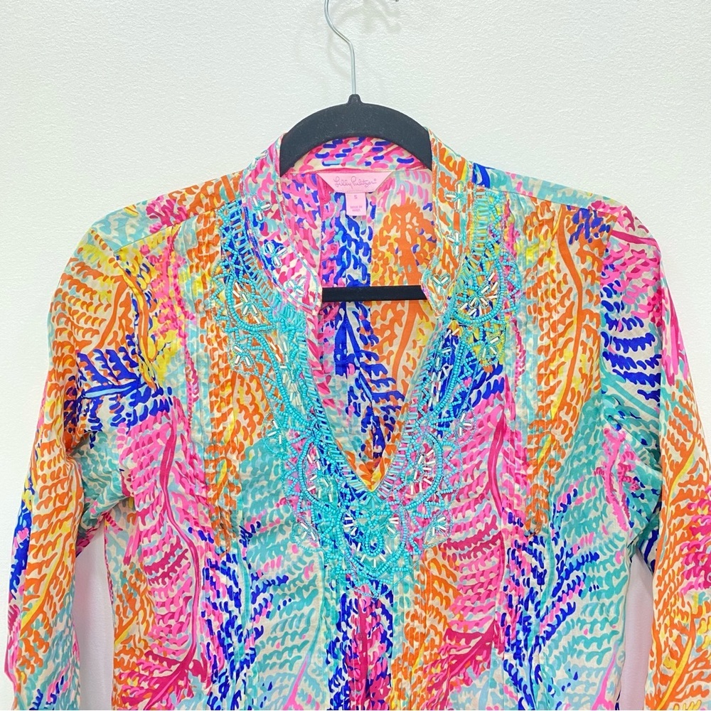 Lilly Pulitzer Women's Colorful Beaded Printed Tunic Top Size M